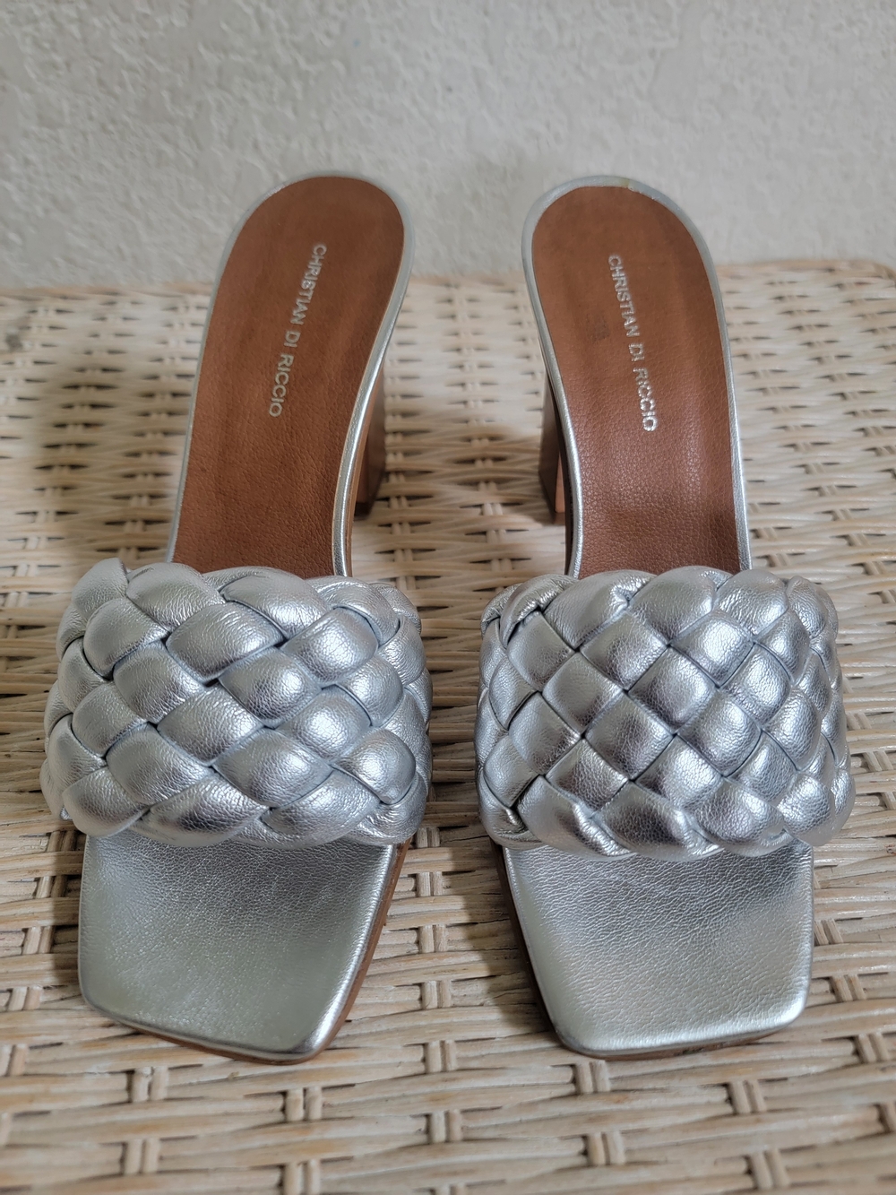 Christian Di Riccio Silver Metallic Braided Slides With Block Heel